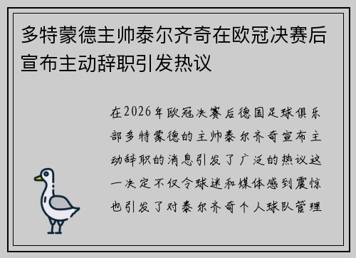 多特蒙德主帅泰尔齐奇在欧冠决赛后宣布主动辞职引发热议