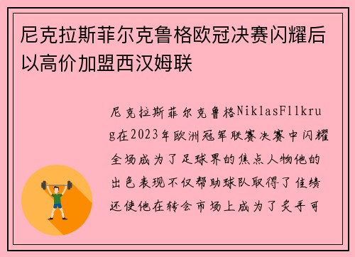 尼克拉斯菲尔克鲁格欧冠决赛闪耀后以高价加盟西汉姆联